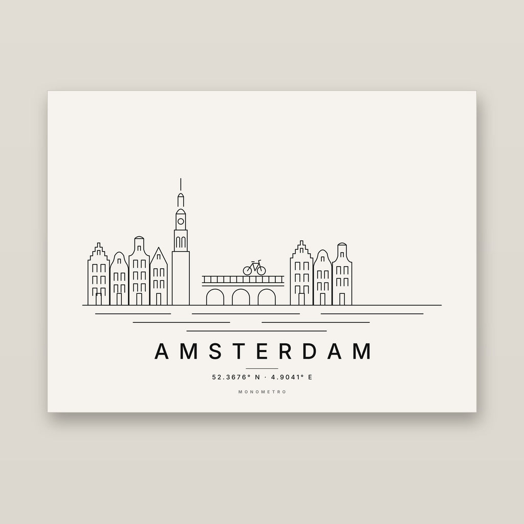 Amsterdam skyline line art print – minimalist black and white poster