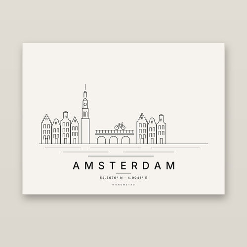 Amsterdam skyline line art print – minimalist black and white poster