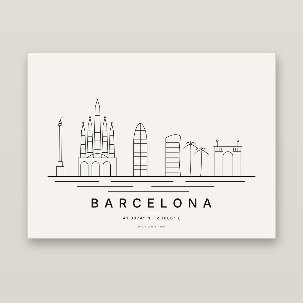 Barcelona skyline line art print – minimalist black and white poster