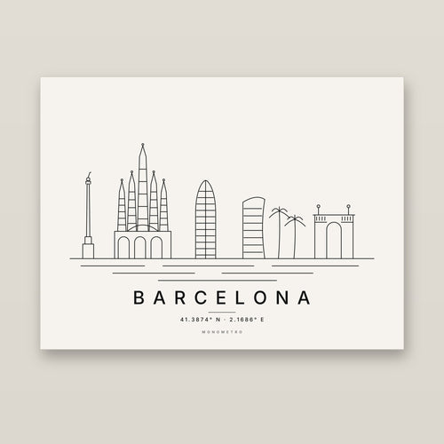 Barcelona skyline line art print – minimalist black and white poster