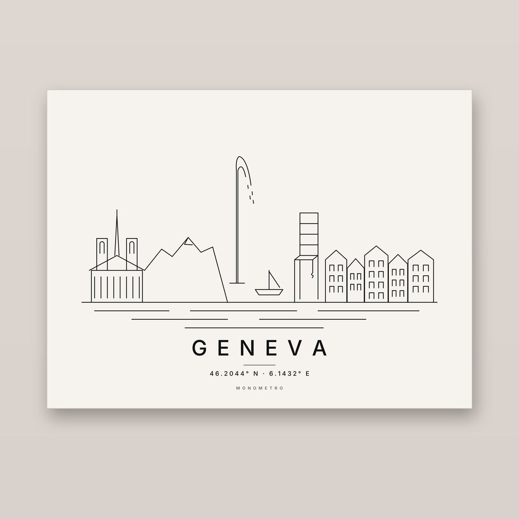 Geneva skyline line art print – minimalist black and white poster