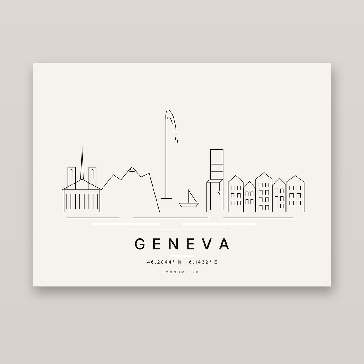 Geneva skyline line art print – minimalist black and white poster