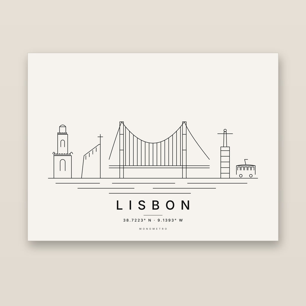 Lisbon skyline line art print – minimalist black and white poster