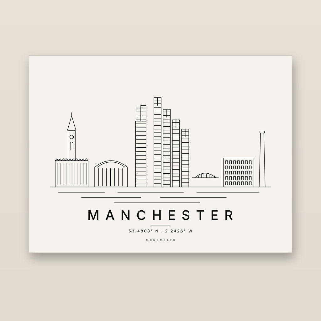 Manchester skyline line art print – minimalist black and white poster