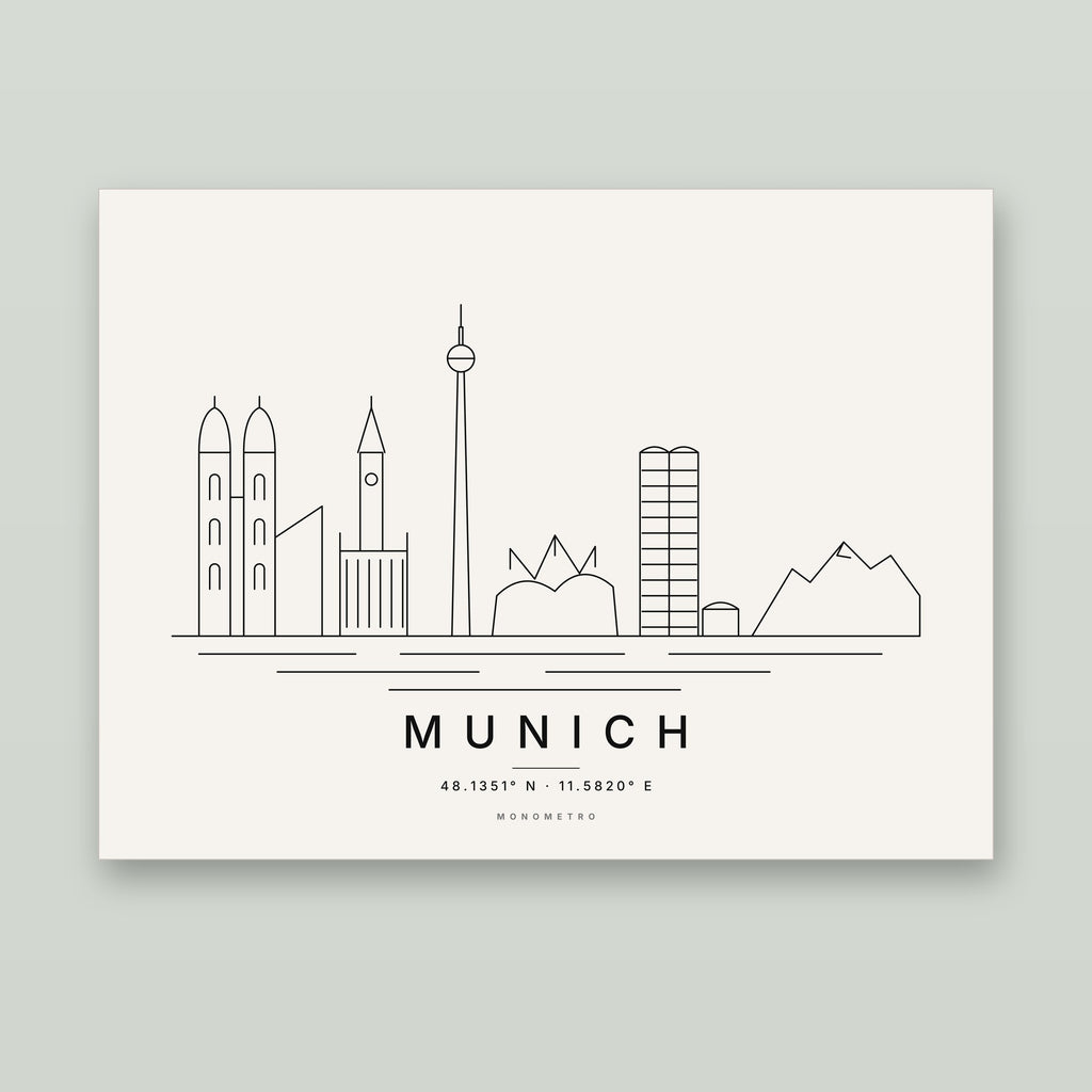 Munich skyline line art print – minimalist black and white poster